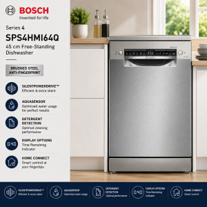 Bosch SPS4HMI64Q Series 4 45cm Free-Standing Brushed Steel Dishwasher Singapore