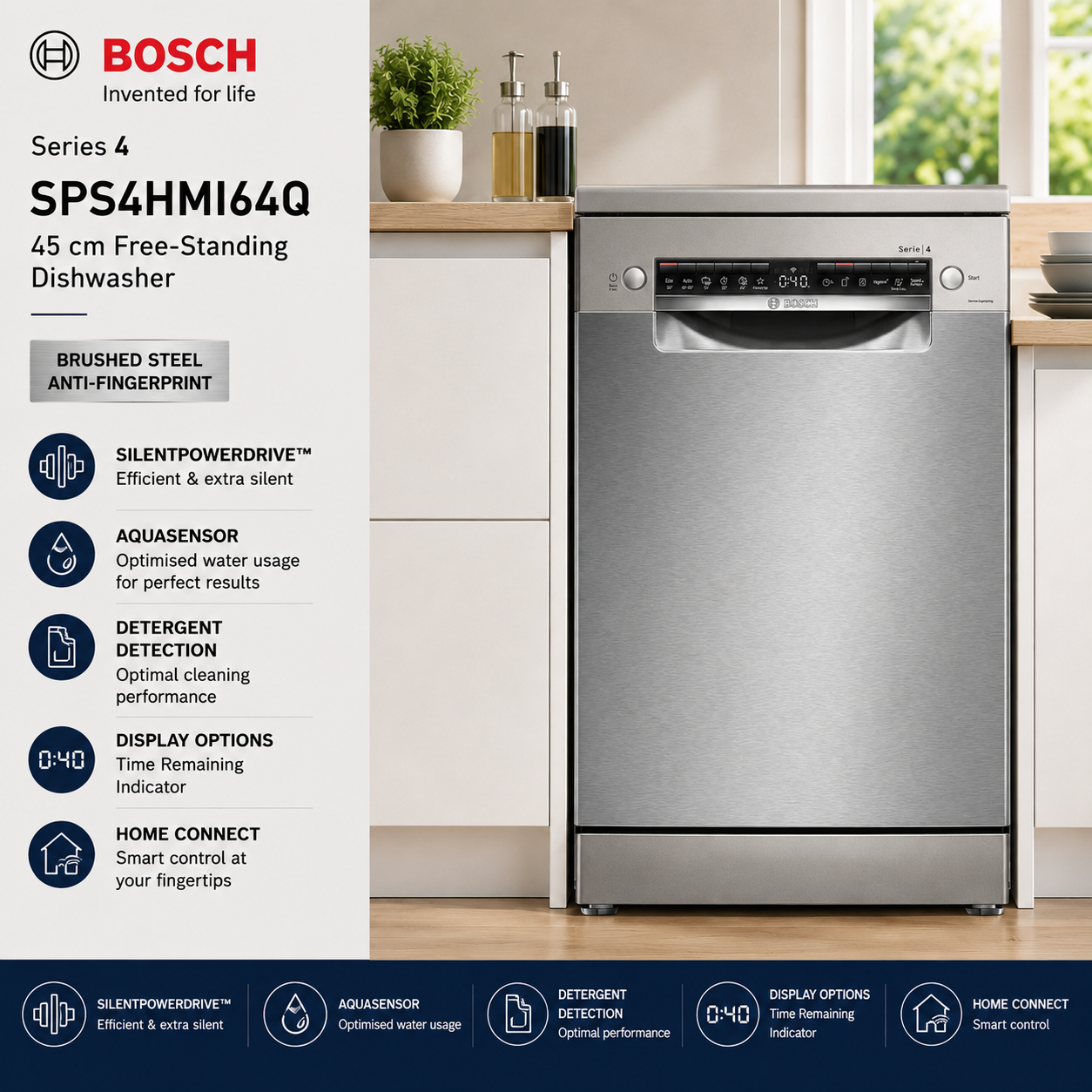 Bosch SPS4HMI64Q Series 4 45cm Free-Standing Brushed Steel Dishwasher Singapore