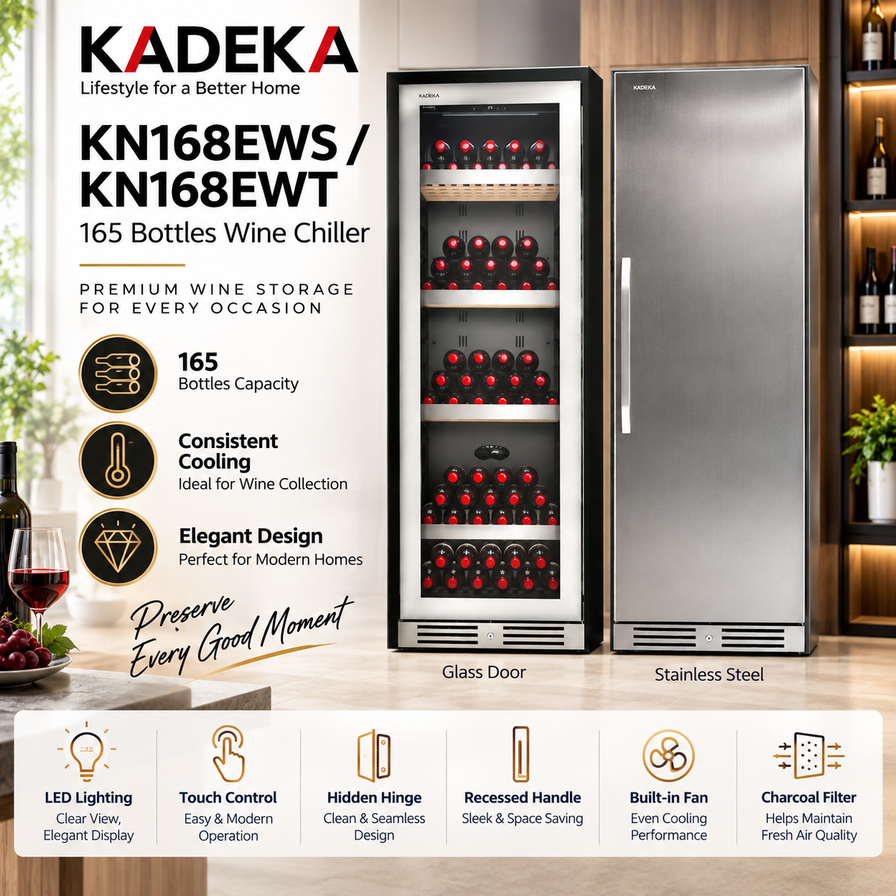 Kadeka KN168EWS KN168EWT 196 Bottles Steel Series Wine Chiller Singapore