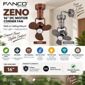 FANCO ZENO 16 Inch DC Corner Wall Ceiling Fan with Dimmable LED Singapore