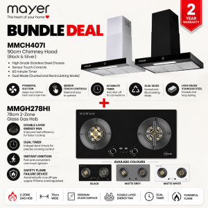 Mayer MMGH278HI 2-burner glass gas hob with MMCH407I 90cm chimney cooker hood