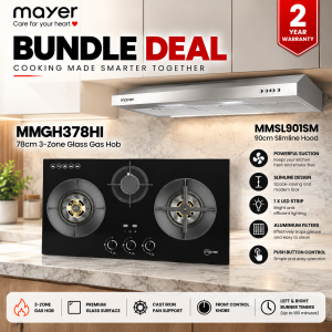 Mayer MMGH378HI 78cm 3-burner glass gas hob with MMSL901SM 90cm stainless steel slimline hood